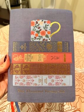 2026 Hardcover Planner with Navy Cover, Floral Teacup & Bookstack Design